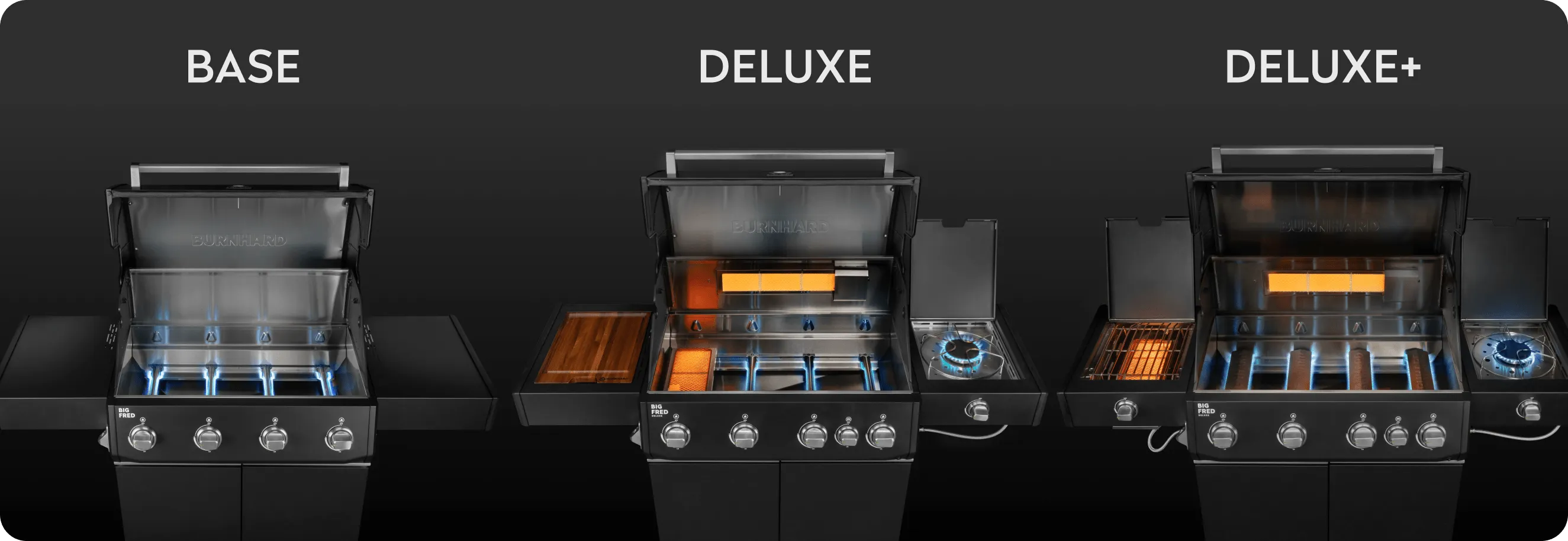 Drei Gasgrill Varianten Big Fred Base, Deluxe und Deluxe+ mit unterschiedlichen Ausstattungen im direkten Vergleich
