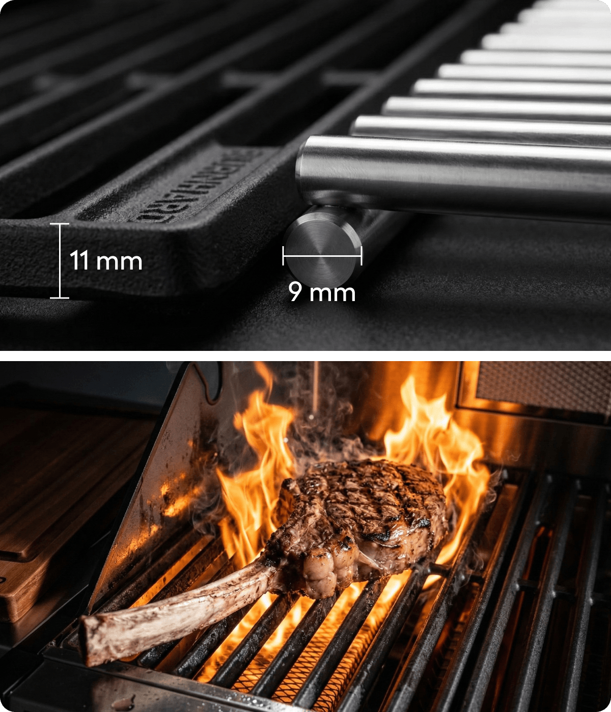 Massiver Grillrost mit 11 mm Materialstärke und 9 mm Rundstäben, darunter Steak mit kräftigem Branding über offener Flamme auf dem Gasgrill