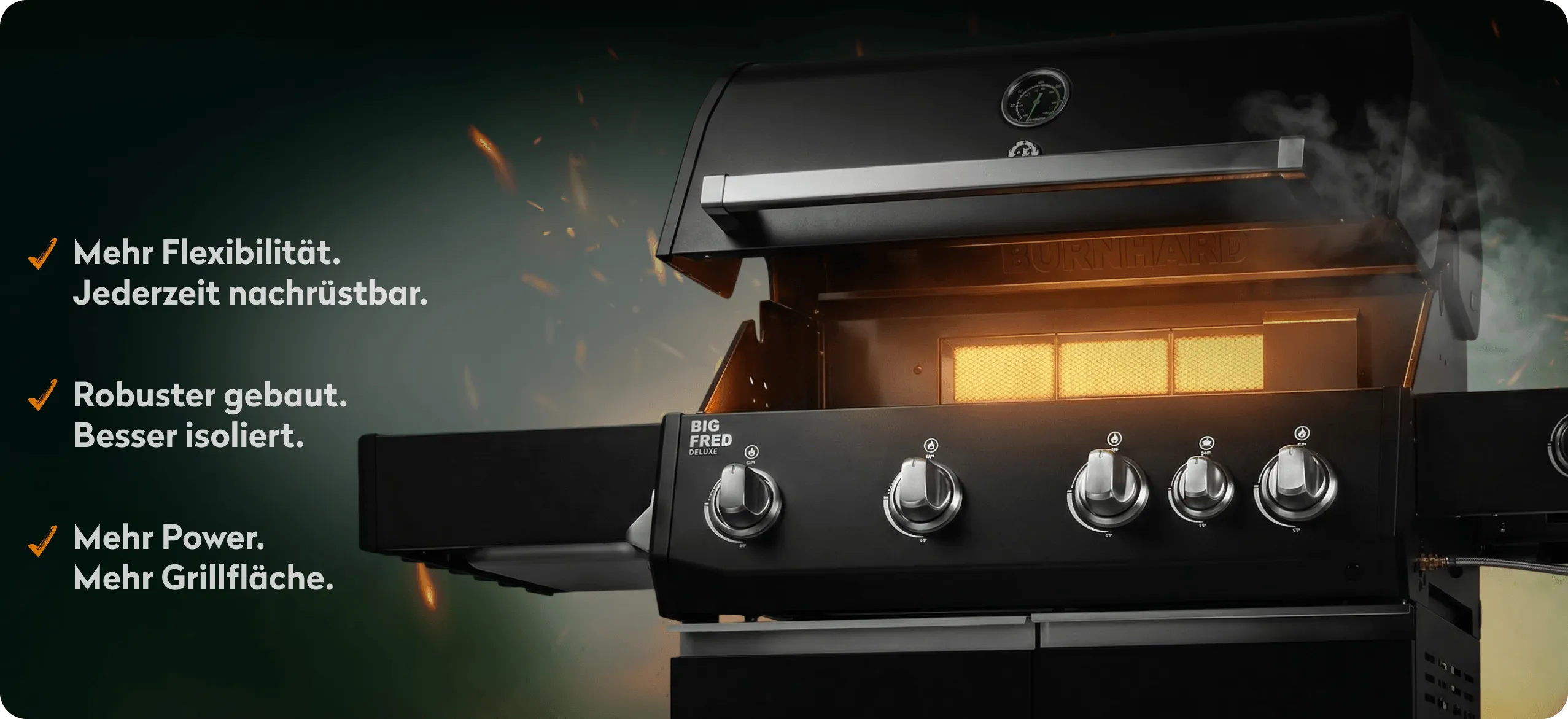 BURNHARD Big Fred Deluxe Gasgrill mit Infrarotbrenner, großer Grillfläche und robuster Haube – jederzeit nachrüstbar und stark isoliert.