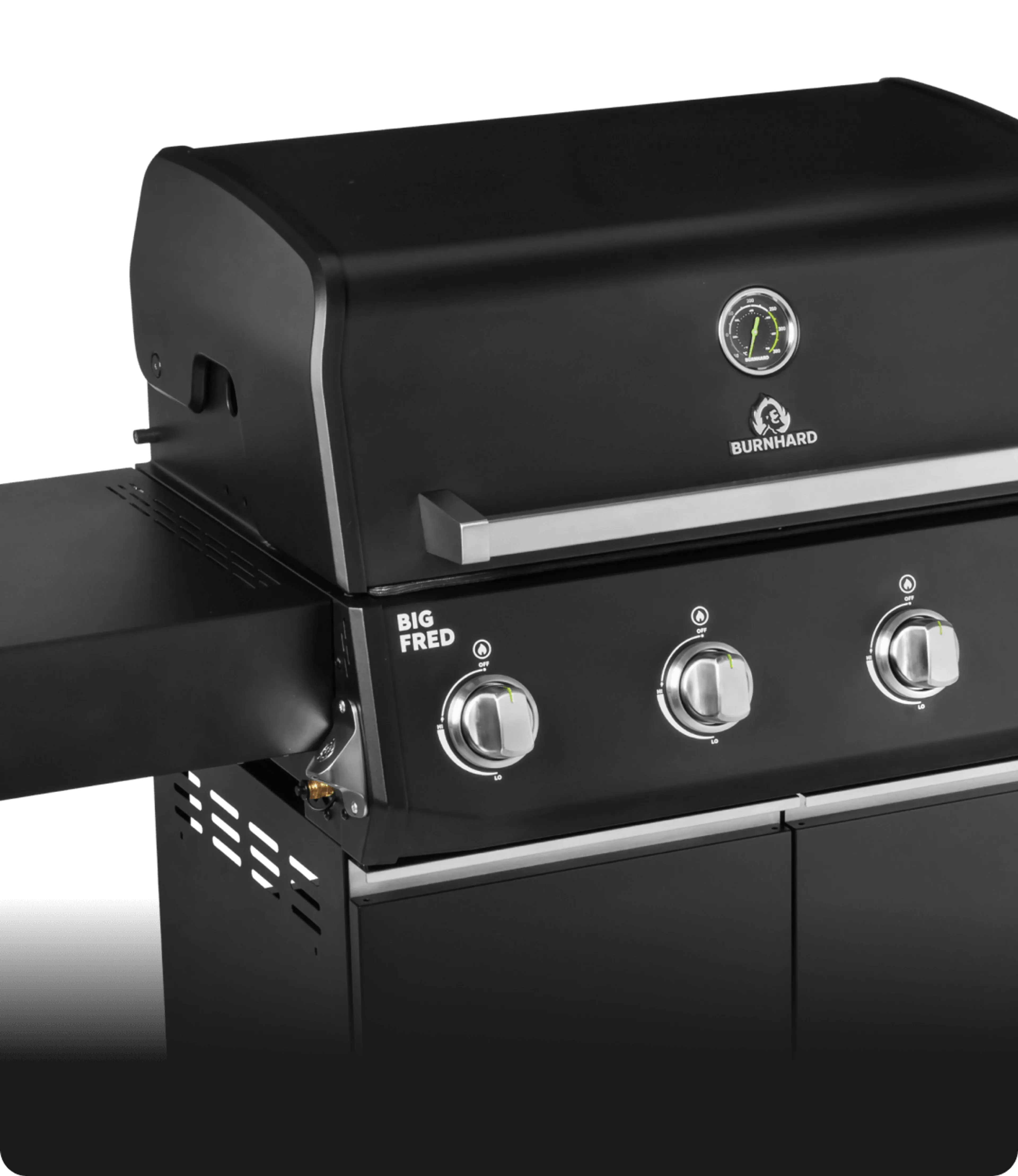 Kompakter Gasgrill mit schwarzer Pulverbeschichtung mit Deckelthermometer und Bedienfeld mit Drehreglern