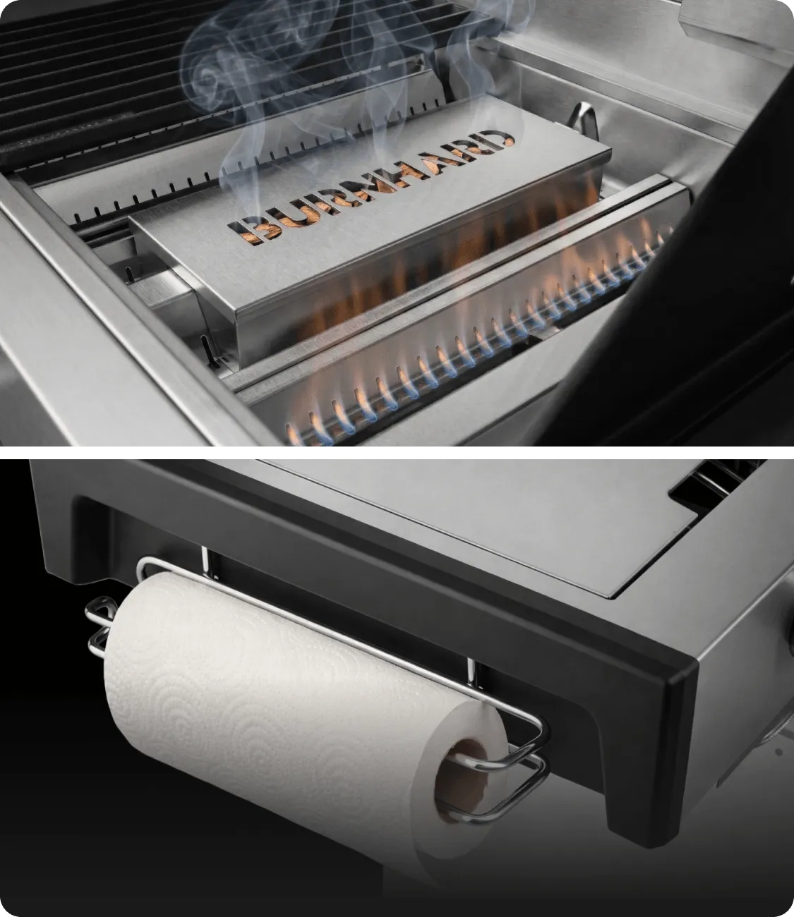 Zwei Details vom Innenraum Gasgrill mit Räucherbox zur Aromatisierung von Grillgut und Küchenrollenhalterung