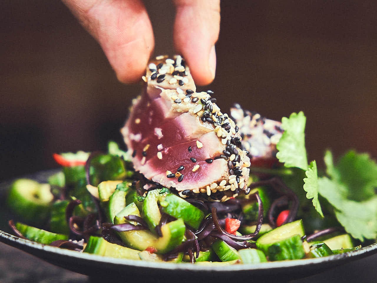 Tuna Tataki mit japanischem Rettich und Gurkensalat
